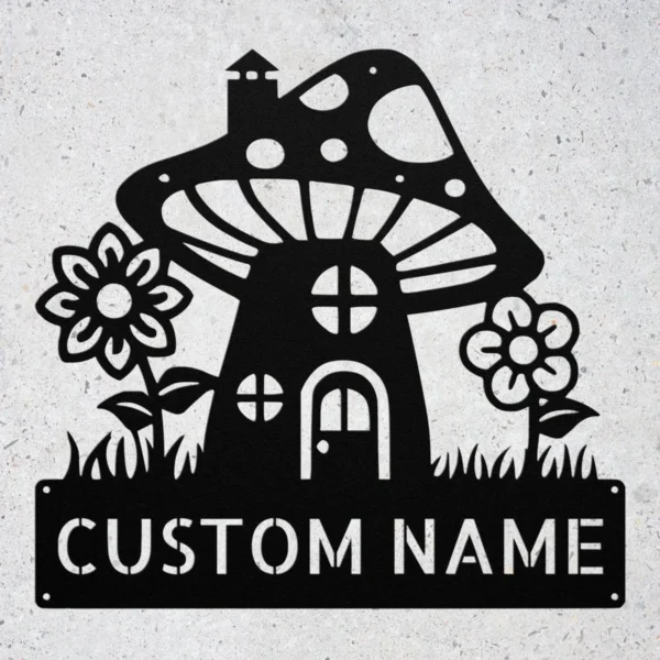 Custom mushroom house metal sign in 16 gauge steel with personalized name for garden wall decor, fairy garden, patio, porch, cabin and gift art.