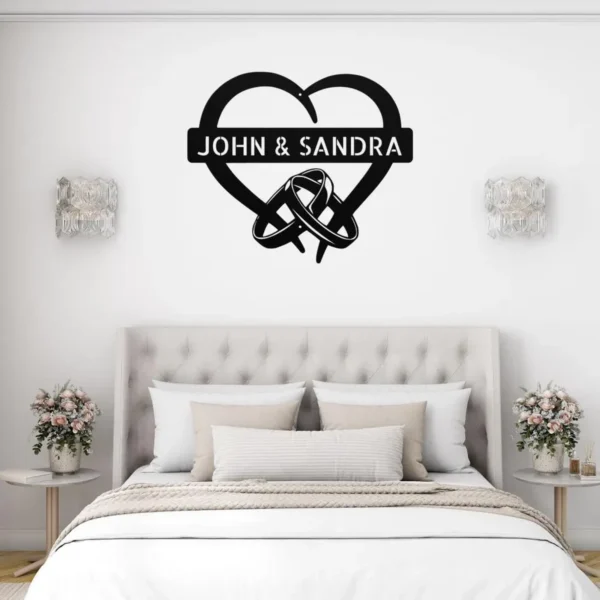 Custom heart with rings metal sign in 16 gauge steel with personalized names and wedding date for anniversary wall decor, wedding gift and home art.
