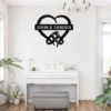 Custom heart with rings metal sign in 16 gauge steel with personalized names and wedding date for anniversary wall decor, wedding gift and home art.