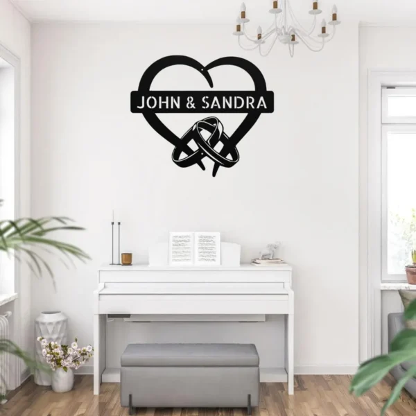 Custom heart with rings metal sign in 16 gauge steel with personalized names and wedding date for anniversary wall decor, wedding gift and home art.