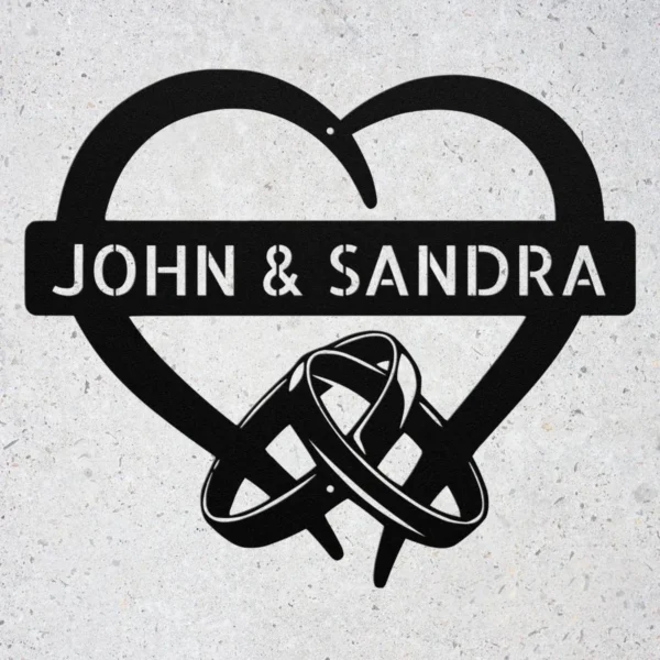 Custom heart with rings metal sign in 16 gauge steel with personalized names and wedding date for anniversary wall decor, wedding gift and home art.