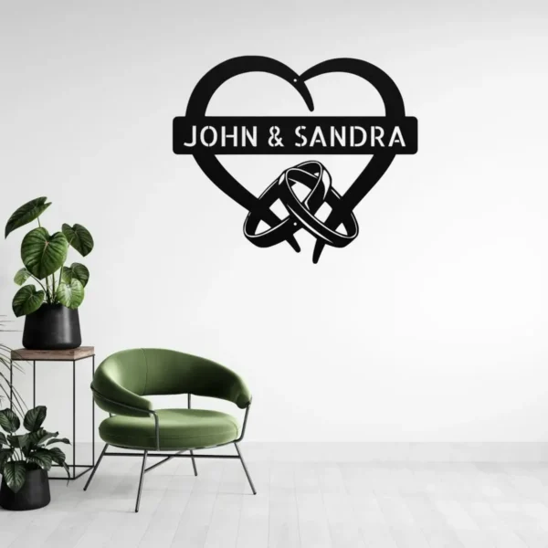 Custom heart with rings metal sign in 16 gauge steel with personalized names and wedding date for anniversary wall decor, wedding gift and home art.
