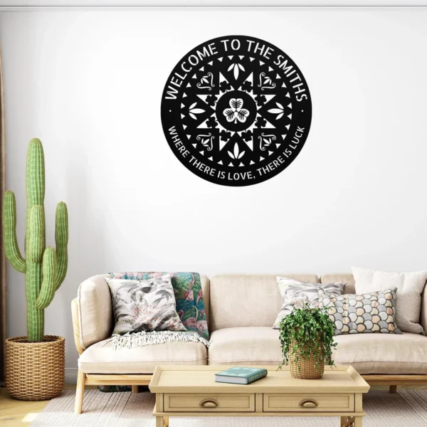 Custom Irish Clover Hex Metal Sign Personalized Name Shamrock Wall Art Gift Custom Irish clover hex metal sign in 16 gauge steel with personalized name for shamrock wall decor, Irish home, garden, pub, St. Patrick’s Day and gift.
