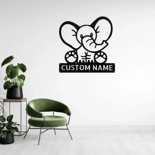Custom Elephant Metal Sign Personalized Name Safari Nursery Wall Art Decor Gift Custom elephant metal sign in 16 gauge steel with personalized name for safari nursery wall decor, kids room, playroom, animal lover and gift art.