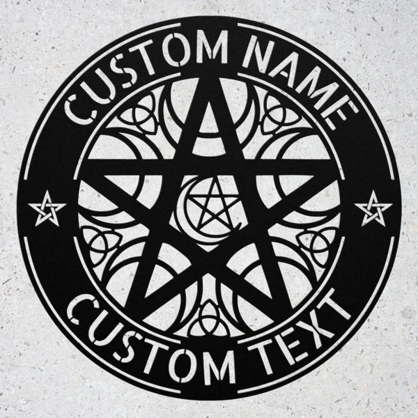 Custom Pentacle Metal Sign Personalized Name Wiccan Pagan Wall Art Decor Gift Custom pentacle metal sign in 16 gauge steel with personalized name for Wiccan Pagan wall decor, altar, garden, spiritual space and gift art.