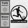 Custom soccer metal sign in 16 gauge steel with personalized player name for football wall decor, soccer bedroom, team room, gym and sports gift.