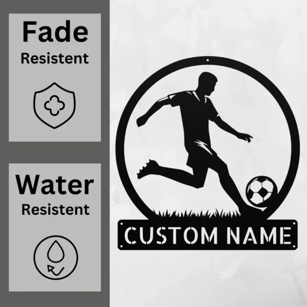 Custom soccer metal sign in 16 gauge steel with personalized player name for football wall decor, soccer bedroom, team room, gym and sports gift.