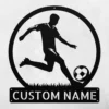 Custom soccer metal sign in 16 gauge steel with personalized player name for football wall decor, soccer bedroom, team room, gym and sports gift.