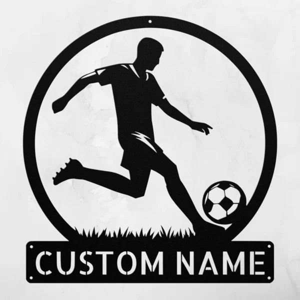 Custom soccer metal sign in 16 gauge steel with personalized player name for football wall decor, soccer bedroom, team room, gym and sports gift.