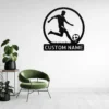 Custom soccer metal sign in 16 gauge steel with personalized player name for football wall decor, soccer bedroom, team room, gym and sports gift.