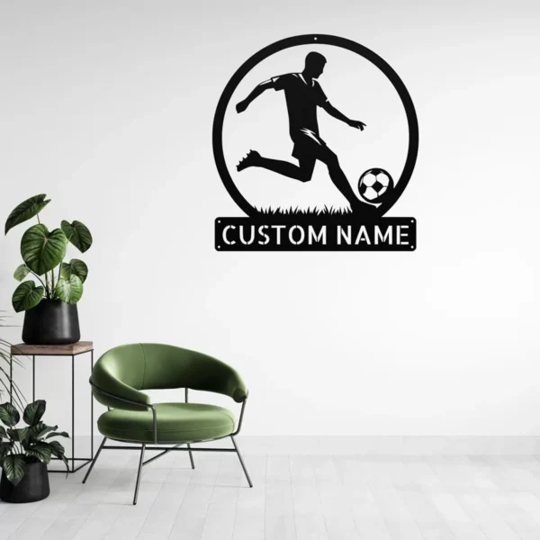 Custom soccer metal sign in 16 gauge steel with personalized player name for football wall decor, soccer bedroom, team room, gym and sports gift.
