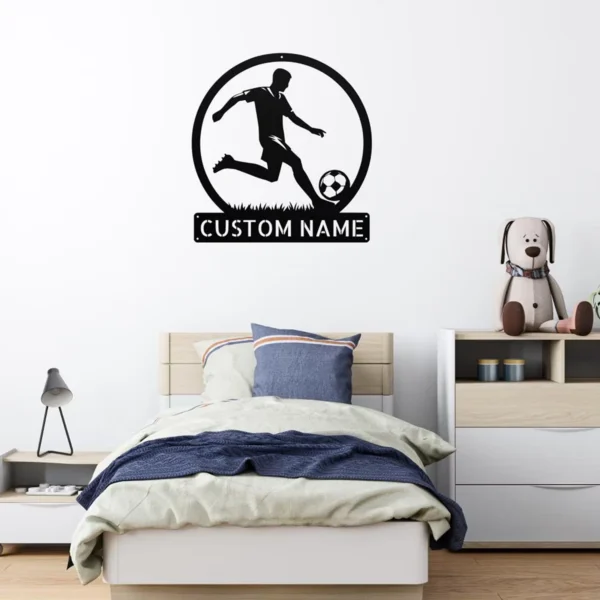 Custom soccer metal sign in 16 gauge steel with personalized player name for football wall decor, soccer bedroom, team room, gym and sports gift.