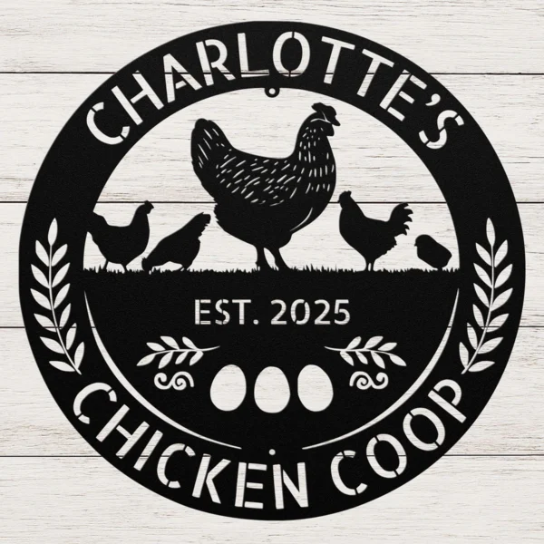 Custom Chicken Coop Metal Sign Personalized Farm Name Hen House Wall Art Gift Custom chicken coop metal sign in 16 gauge steel with personalized farm name for hen house wall decor, barn, garden, farmhouse, poultry and gift art.