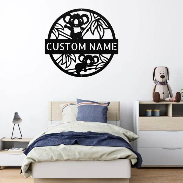 Custom Koala Metal Sign Personalized Name Safari Nursery Wall Art Decor Gift Custom koala metal sign in 16 gauge steel with personalized name for safari nursery wall decor, kids room, playroom, wildlife and gift art.