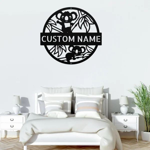 Custom Koala Metal Sign Personalized Name Safari Nursery Wall Art Decor Gift Custom koala metal sign in 16 gauge steel with personalized name for safari nursery wall decor, kids room, playroom, wildlife and gift art.