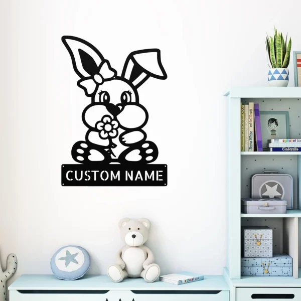 Custom Bunny Metal Sign Personalized Name Easter Nursery Wall Art Decor Gift Custom bunny metal sign in 16 gauge steel with personalized name for Easter nursery wall decor, kids room, garden, farmhouse and bunny lover gift.