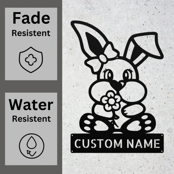 Custom Bunny Metal Sign Personalized Name Easter Nursery Wall Art Decor Gift Custom bunny metal sign in 16 gauge steel with personalized name for Easter nursery wall decor, kids room, garden, farmhouse and bunny lover gift.