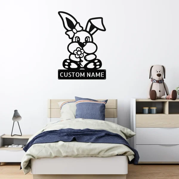 Custom Bunny Metal Sign Personalized Name Easter Nursery Wall Art Decor Gift Custom bunny metal sign in 16 gauge steel with personalized name for Easter nursery wall decor, kids room, garden, farmhouse and bunny lover gift.