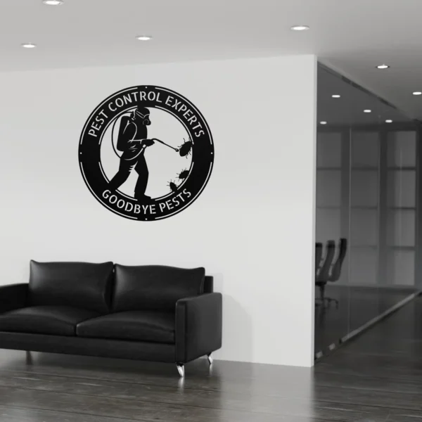 Personalized pest control metal sign in 16 gauge steel with custom exterminator name for office wall decor, garage, workshop, business and professional gift.