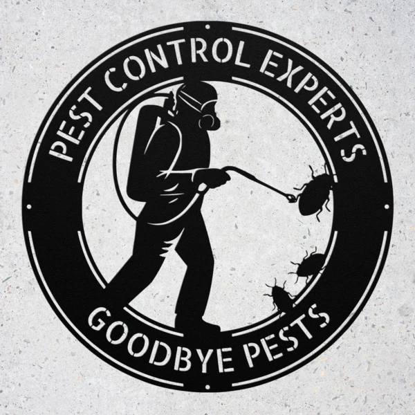 Personalized pest control metal sign in 16 gauge steel with custom exterminator name for office wall decor, garage, workshop, business and professional gift.