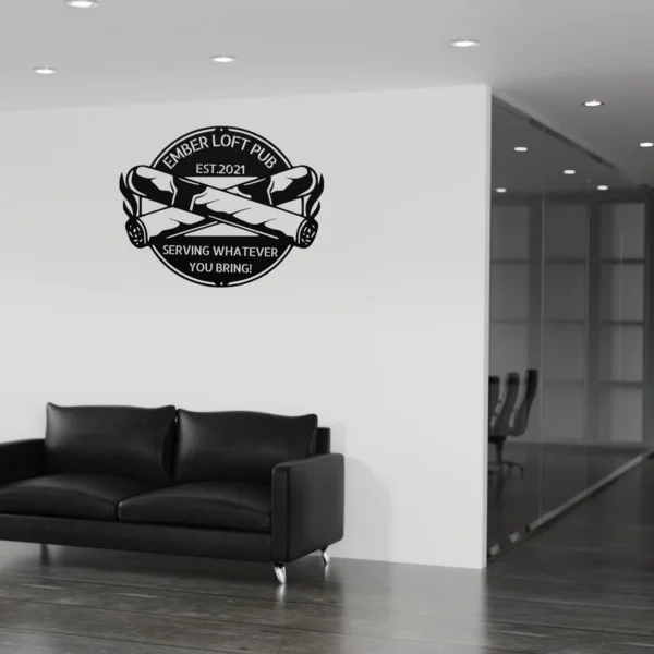 Custom cigar metal sign in 16 gauge steel with personalized name for cigar lounge wall decor, home bar, smoking room, man cave and cigar lover gift.