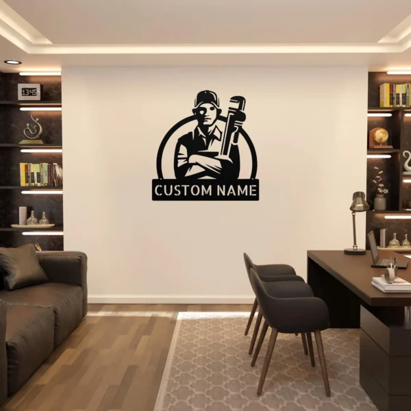 Custom Plumber Metal Sign Personalized Name Plumbing Professional Office Art Gift Custom plumber metal sign in 16 gauge steel with personalized name for plumbing office wall decor, workshop, garage, business and professional gift.