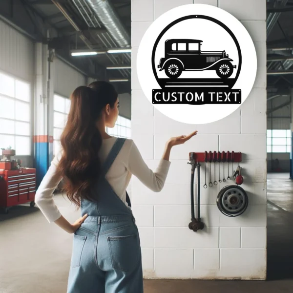 Custom Classic Car Metal Sign Personalized Garage Name Auto Wall Art Gift Custom classic car metal sign in 16 gauge steel with personalized garage name for vintage auto wall decor, garage, workshop, man cave and car gift.