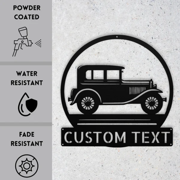 Custom Classic Car Metal Sign Personalized Garage Name Auto Wall Art Gift Custom classic car metal sign in 16 gauge steel with personalized garage name for vintage auto wall decor, garage, workshop, man cave and car gift.