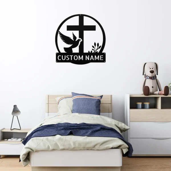 Custom Dove And Cross Metal Sign Personalized Name Religious Wall Art Decor Gift Custom dove and cross metal sign in 16 gauge steel with personalized name for Christian wall decor, home, church, prayer room, garden and gift art.