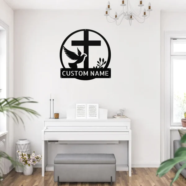 Custom Dove And Cross Metal Sign Personalized Name Religious Wall Art Decor Gift Custom dove and cross metal sign in 16 gauge steel with personalized name for Christian wall decor, home, church, prayer room, garden and gift art.