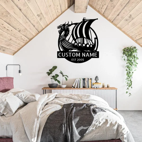 Custom Viking ship metal sign in 16 gauge steel with personalized name for Norse wall decor, Viking fan, man cave, cabin, office and gift art.