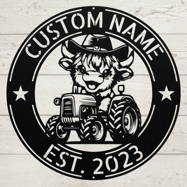 Custom Cow Tractor Metal Sign Personalized Farm Name Wall Art Decor Gift Custom cow tractor metal sign in 16 gauge steel with personalized farm name for farmhouse wall decor, barn, ranch, garage and country gift art.