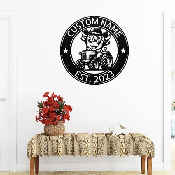 Custom Cow Tractor Metal Sign Personalized Farm Name Wall Art Decor Gift Custom cow tractor metal sign in 16 gauge steel with personalized farm name for farmhouse wall decor, barn, ranch, garage and country gift art.