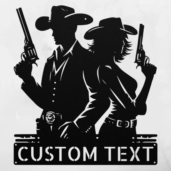 Custom cowboy cowgirl metal sign in 16 gauge steel with personalized names for western couple wall decor, ranch, barn, farmhouse and gift art.