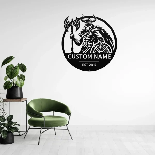 Custom Viking warrior metal sign in 16 gauge steel with personalized name for Norse wall decor, Viking fan, man cave, cabin, workshop and gift art.