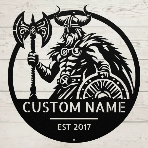 Custom Viking warrior metal sign in 16 gauge steel with personalized name for Norse wall decor, Viking fan, man cave, cabin, workshop and gift art.