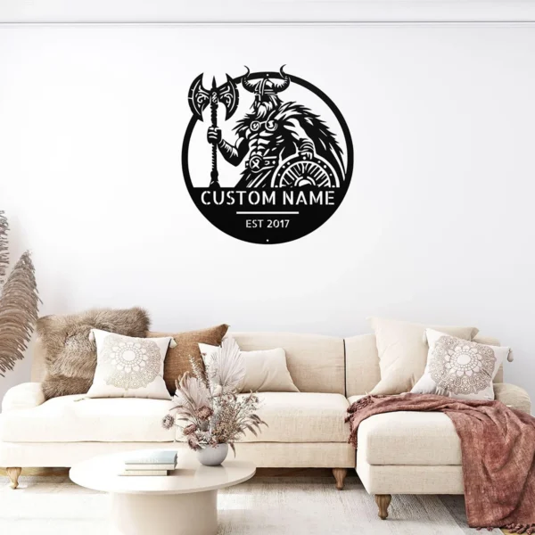 Custom Viking warrior metal sign in 16 gauge steel with personalized name for Norse wall decor, Viking fan, man cave, cabin, workshop and gift art.