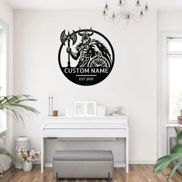 Custom Viking warrior metal sign in 16 gauge steel with personalized name for Norse wall decor, Viking fan, man cave, cabin, workshop and gift art.