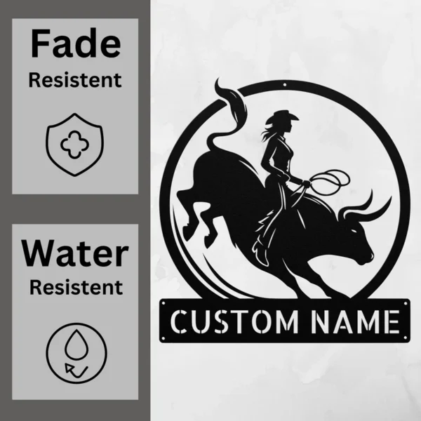 Custom Woman Bull Rider Metal Sign Personalized Cowgirl Rodeo Wall Art Gift Custom woman bull rider metal sign in 16 gauge steel with personalized cowgirl name for rodeo wall decor, ranch, barn, garage, bedroom and gift art.