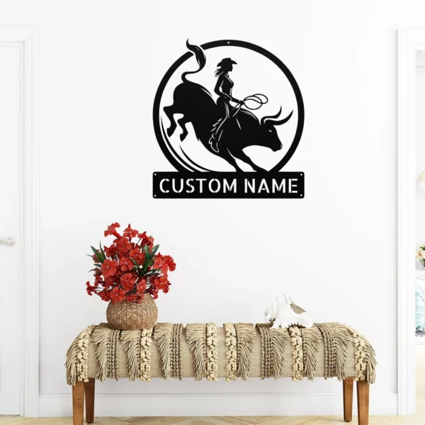 Custom Woman Bull Rider Metal Sign Personalized Cowgirl Rodeo Wall Art Gift Custom woman bull rider metal sign in 16 gauge steel with personalized cowgirl name for rodeo wall decor, ranch, barn, garage, bedroom and gift art.