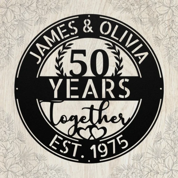 Custom Couple Years Together Metal Sign Personalized Anniversary Wedding Date Gift Custom couple years together metal sign in 16 gauge steel with personalized names and wedding date for anniversary wall decor and romantic gift art.