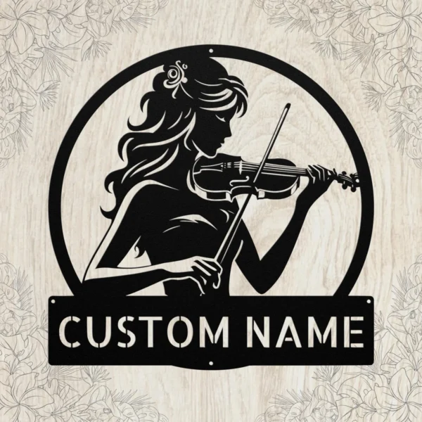 Custom Violin Player Metal Sign Personalized Name Music Studio Wall Art Gift Custom violin player metal sign in 16 gauge steel with personalized name for music studio wall decor, violinist, practice room and musician gift.