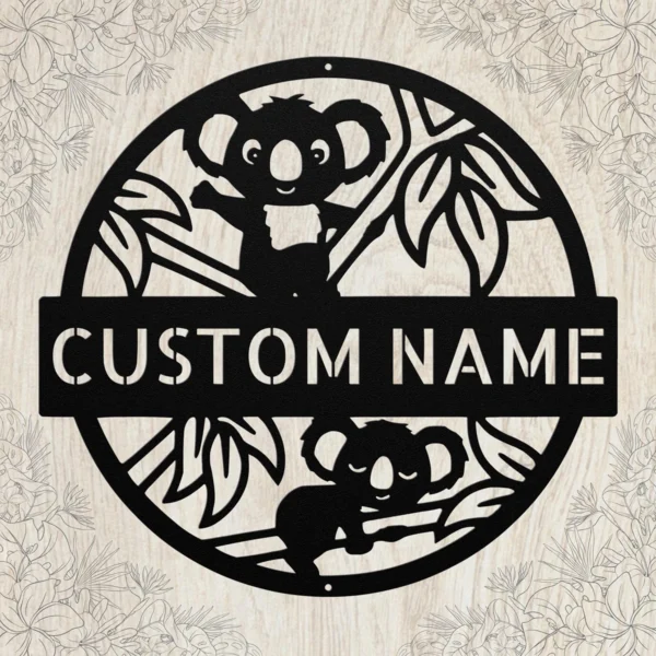 Custom Koala Metal Sign Personalized Name Safari Nursery Wall Art Decor Gift Custom koala metal sign in 16 gauge steel with personalized name for safari nursery wall decor, kids room, playroom, wildlife and gift art.