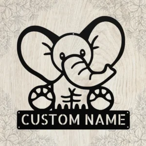 Custom elephant metal sign in 16 gauge steel with personalized name for safari nursery wall decor, kids room, playroom, animal lover and gift art.
