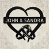 Custom heart with rings metal sign in 16 gauge steel with personalized names and wedding date for anniversary wall decor, wedding gift and home art.