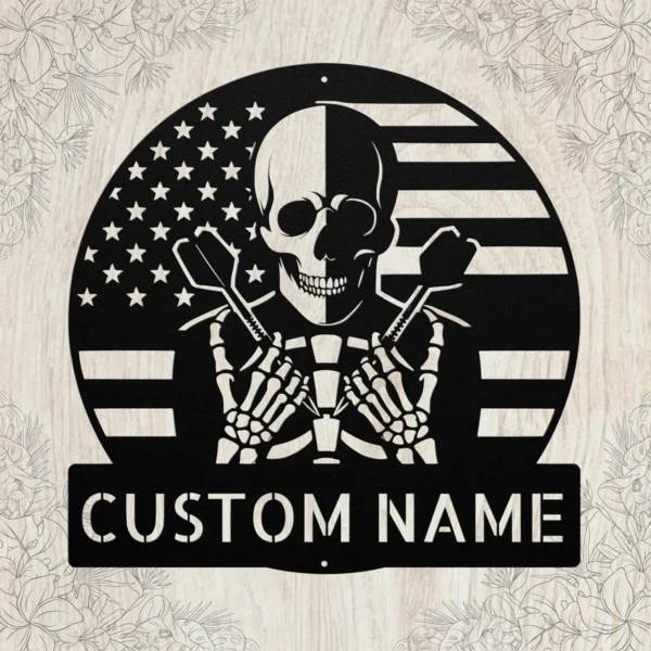 Personalized Skull Darts Metal Sign Custom Dartboard Player Game Room Bar Tavern Personalized skull darts metal sign in 16 gauge steel with custom player name for dartboard wall decor, game room, home bar, tavern, garage and gift.