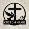Custom Dove And Cross Metal Sign Personalized Name Religious Wall Art Decor Gift Custom dove and cross metal sign in 16 gauge steel with personalized name for Christian wall decor, home, church, prayer room, garden and gift art.