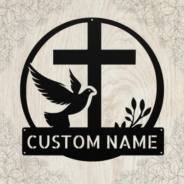 Custom Dove And Cross Metal Sign Personalized Name Religious Wall Art Decor Gift Custom dove and cross metal sign in 16 gauge steel with personalized name for Christian wall decor, home, church, prayer room, garden and gift art.