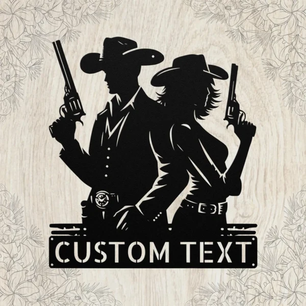 Custom Cowboy Cowgirl Metal Sign Personalized Western Couple Wall Art Gift Custom cowboy cowgirl metal sign in 16 gauge steel with personalized names for western couple wall decor, ranch, barn, farmhouse and gift art.