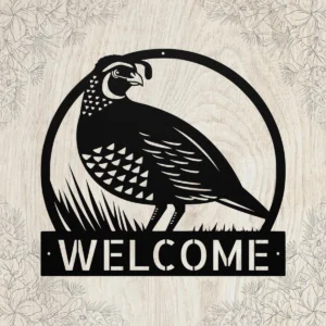 Custom quail metal sign in 16 gauge steel with personalized name for bird hunter wall decor, farmhouse, cabin, barn, garage and outdoor gift art.